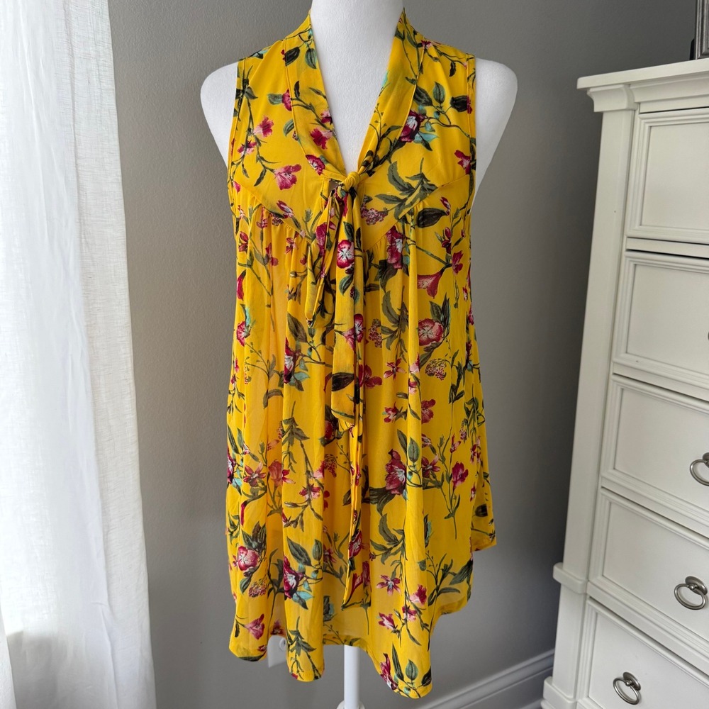 EMBER Yellow‎ Floral Tie Sleeveless Tunic Top Women's M